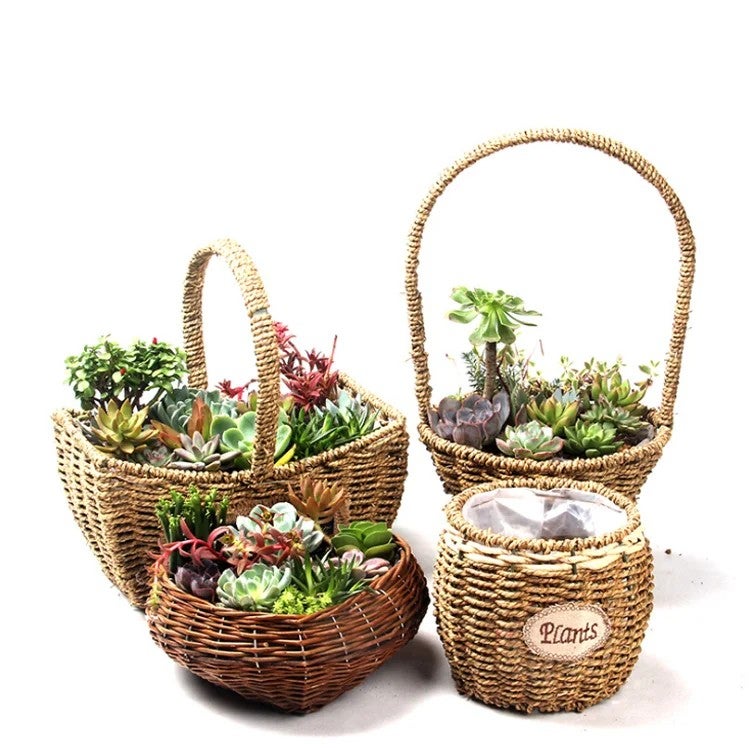Y&D Seagrass Laundry Basket Wicker Storage Box, Handmade Portable Succulent Plant Basket, Straw Flower Container - DDA331 Wedding Decor - Image 2