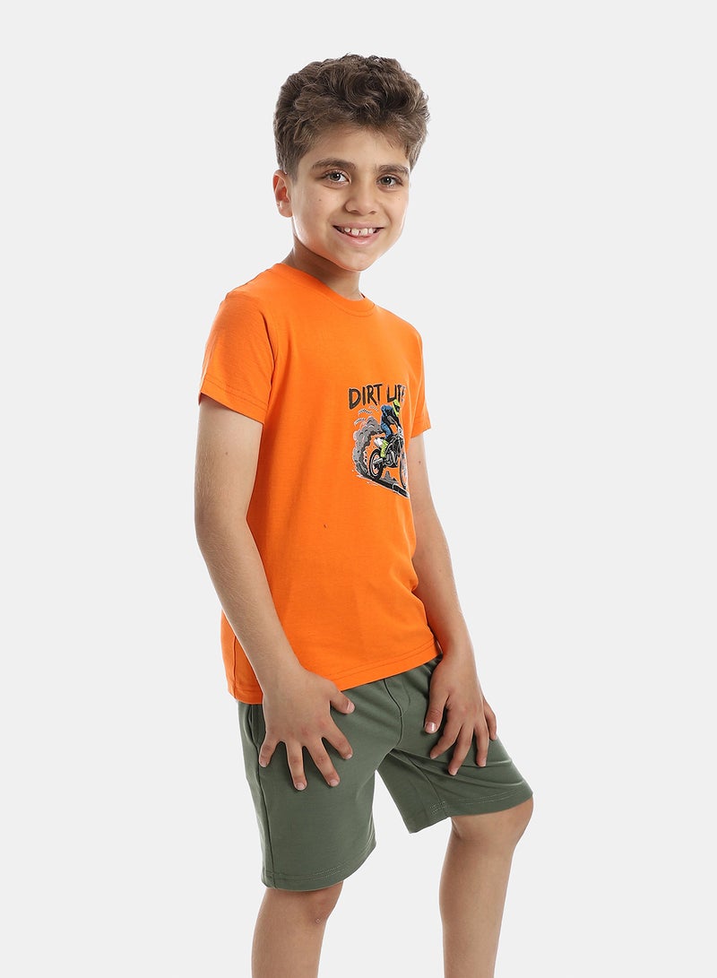 Andora Solid Pattern Cotton Pajama Set - Orange & Green - Image 4