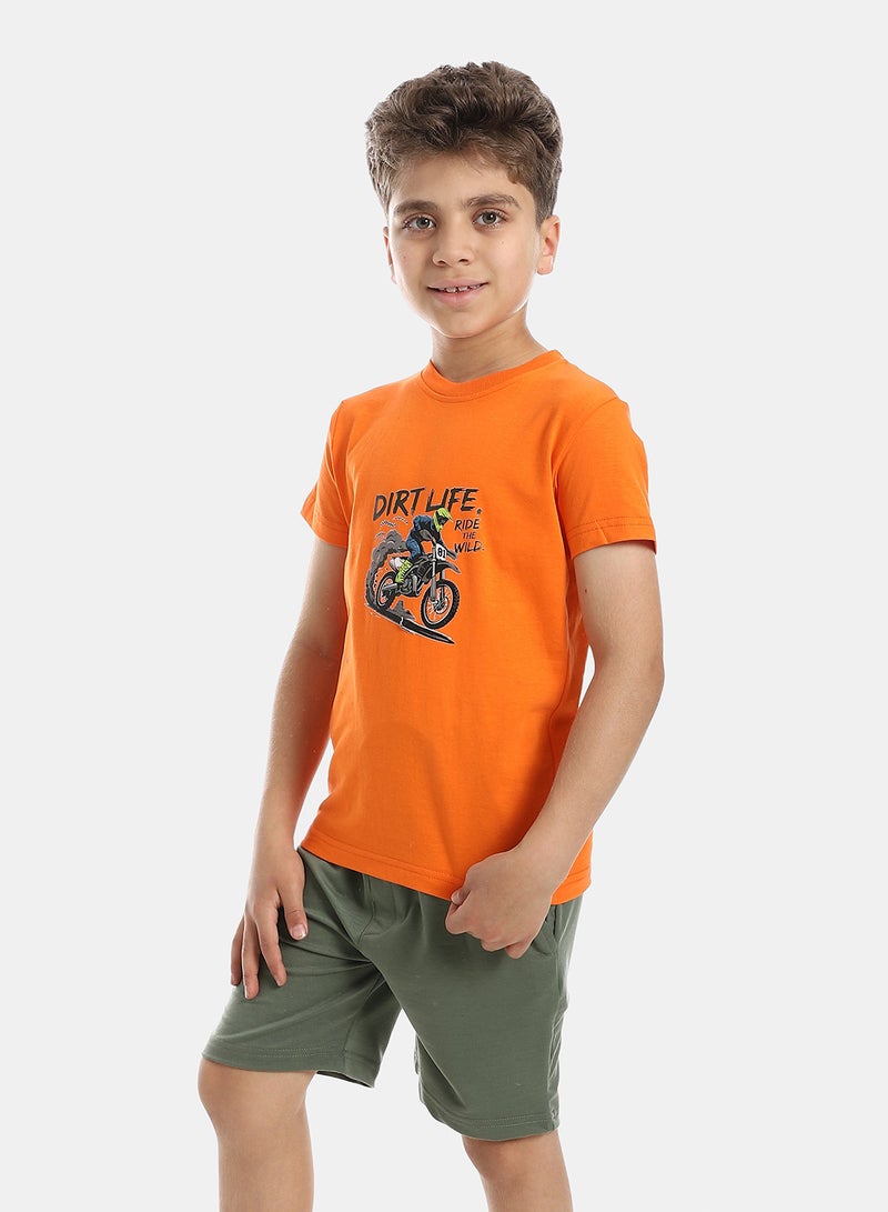 Andora Solid Pattern Cotton Pajama Set - Orange & Green - Image 2