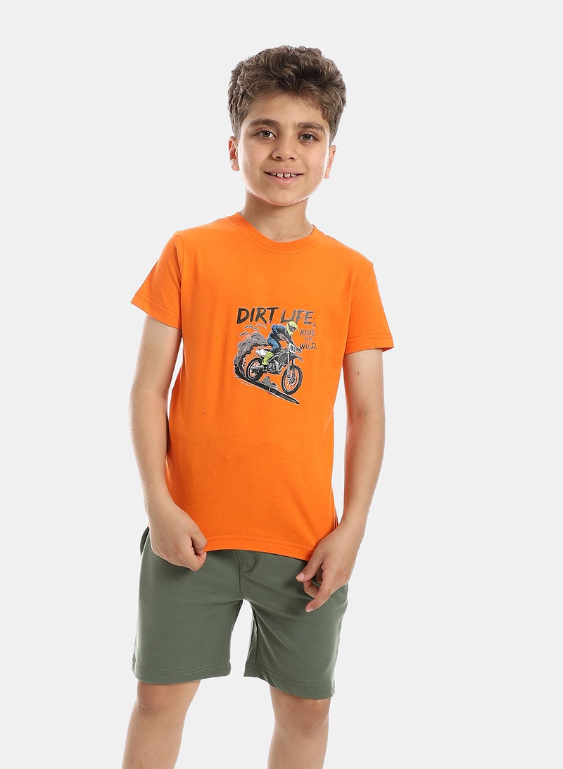 Andora Solid Pattern Cotton Pajama Set - Orange & Green - Image 1
