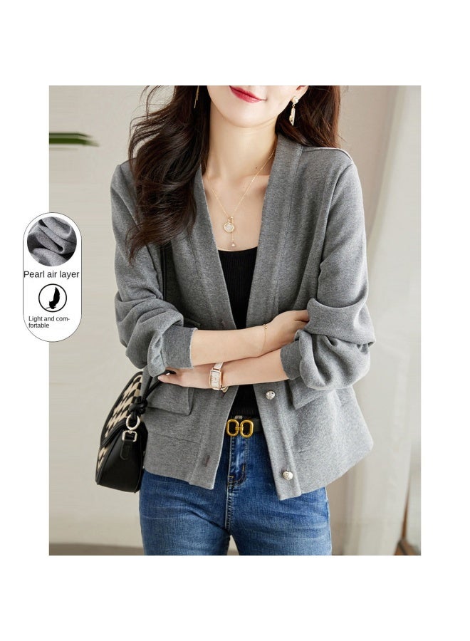 Song Feng Ya Pique Cotton Air Layer Knitted Coat Autumn V-neck Long Sleeve H-line Jacket Women's Short Top Cardigan Women - Image 2