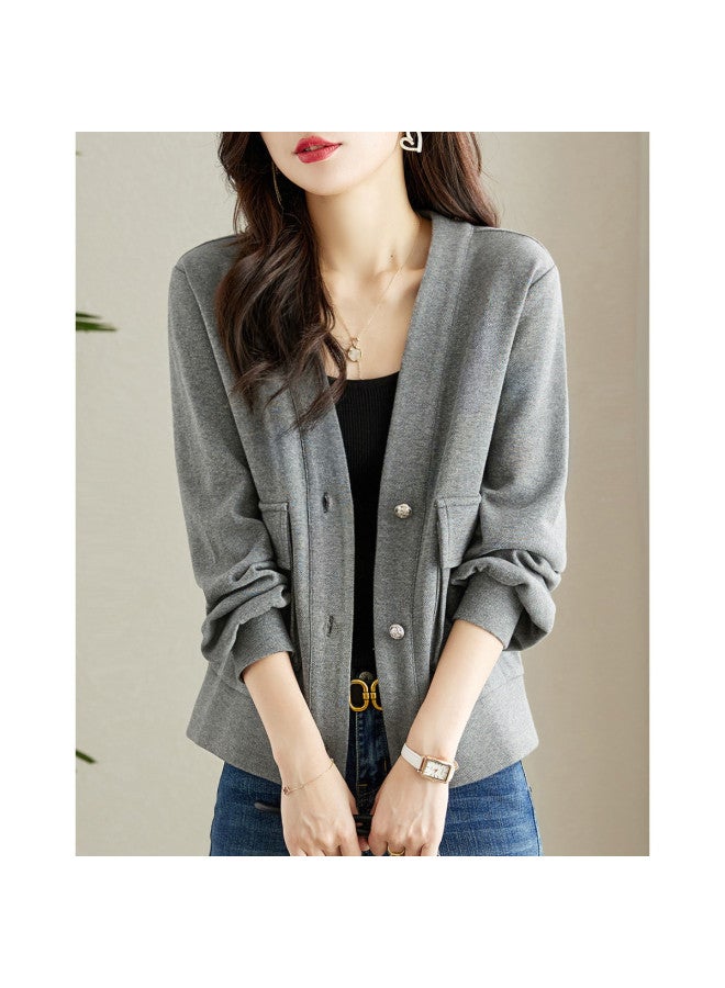 Song Feng Ya Pique Cotton Air Layer Knitted Coat Autumn V-neck Long Sleeve H-line Jacket Women's Short Top Cardigan Women - Image 1