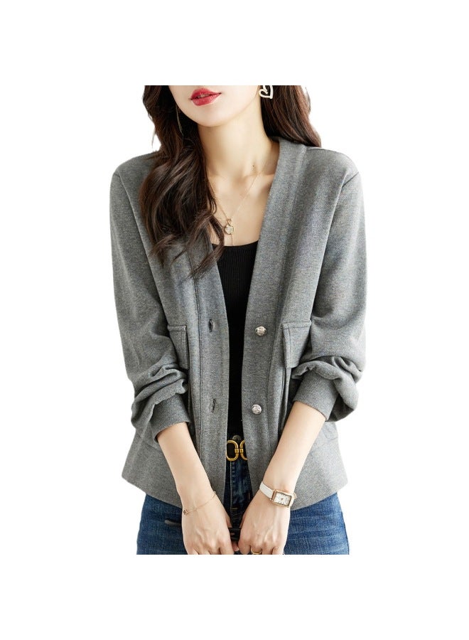 Song Feng Ya Pique Cotton Air Layer Knitted Coat Autumn V-neck Long Sleeve H-line Jacket Women's Short Top Cardigan Women - Image 5