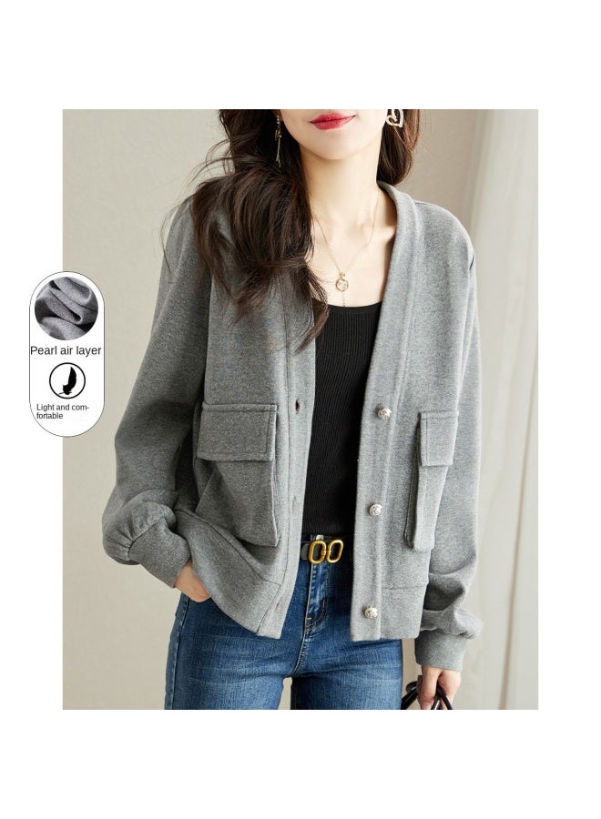 Song Feng Ya Pique Cotton Air Layer Knitted Coat Autumn V-neck Long Sleeve H-line Jacket Women's Short Top Cardigan Women - Image 3