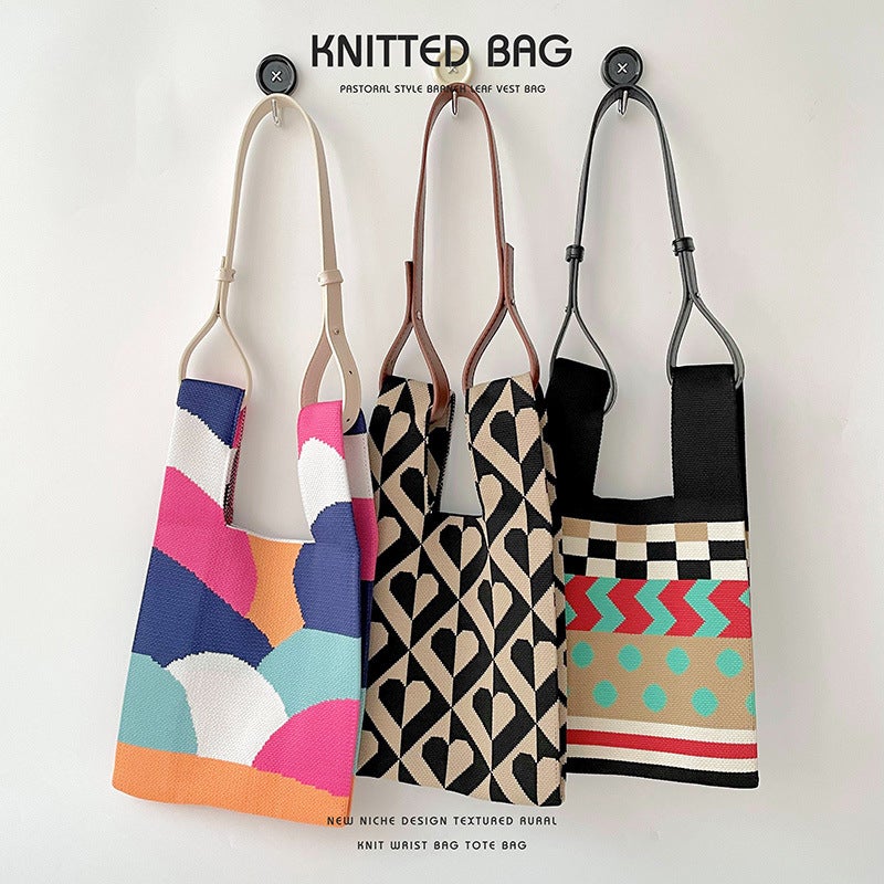 Eaby Color Matching Wave Point Knitted Shoulder Hand Bag Joker Large Capacity Woven Bag Manufacturers - Image 4