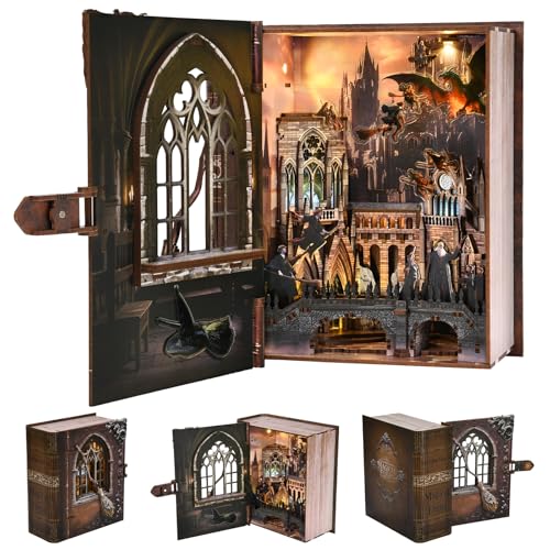 CCCDF Book Nook Kit DIY Miniature Dollhouse Magic Book for Adults and Teens 3D Wooden Puzzle Bookends with Sensor Led Light Gifts for Family Friends Introduction to Magical Flight - Image 1