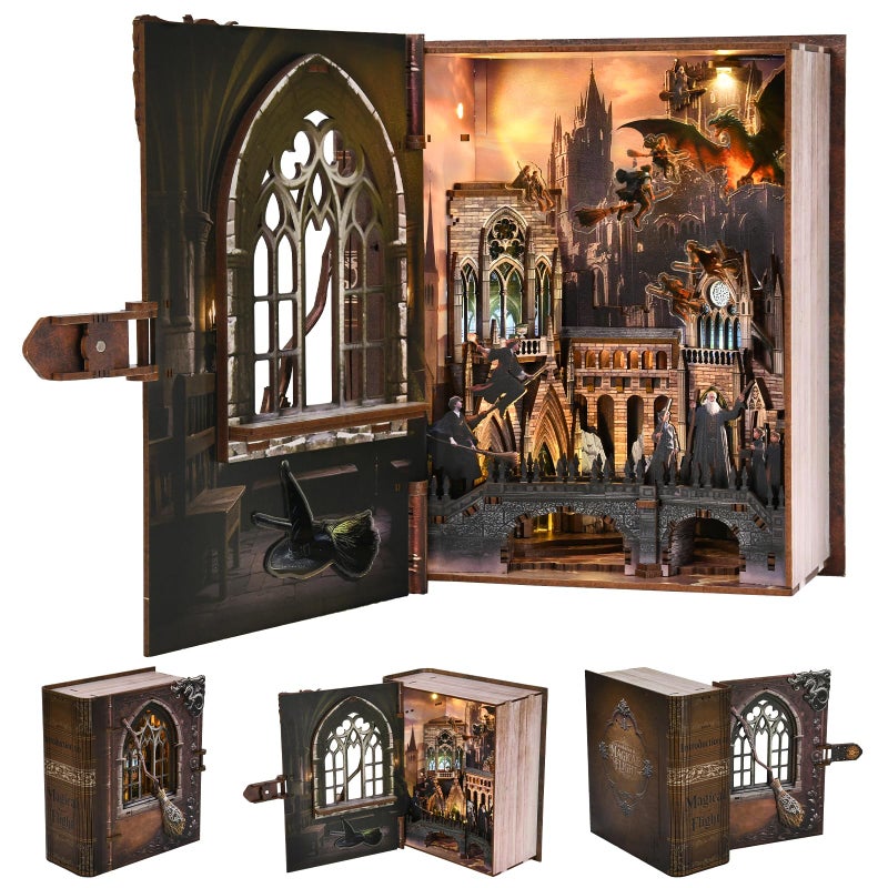 CCCDF Book Nook Kit DIY Miniature Dollhouse Magic Book for Adults and Teens 3D Wooden Puzzle Bookends with Sensor Led Light Gifts for Family Friends Introduction to Magical Flight - Image 3