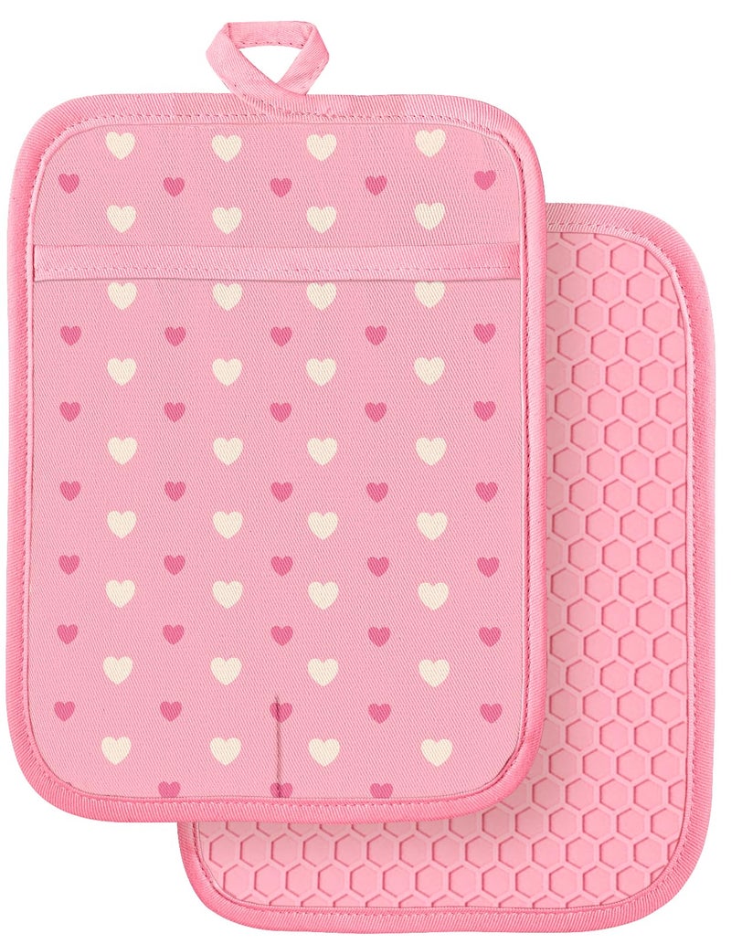 Slohif Silcone Heart Pot Holders for Kitchen - 100% Cotton Pink Cute Oven Potholders with Pockets, Heat Resistant Square Thick Hot Pads, House New Home Baking Baker Gifts,2pack - Image 1