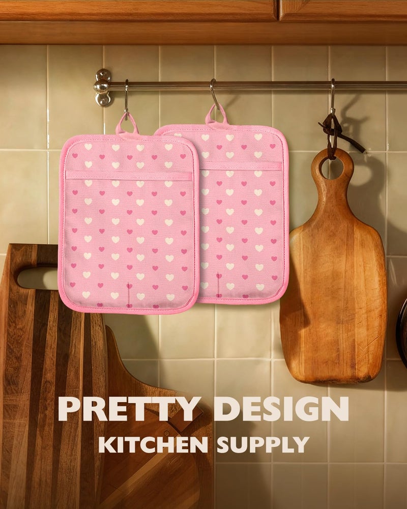 Slohif Silcone Heart Pot Holders for Kitchen - 100% Cotton Pink Cute Oven Potholders with Pockets, Heat Resistant Square Thick Hot Pads, House New Home Baking Baker Gifts,2pack - Image 5