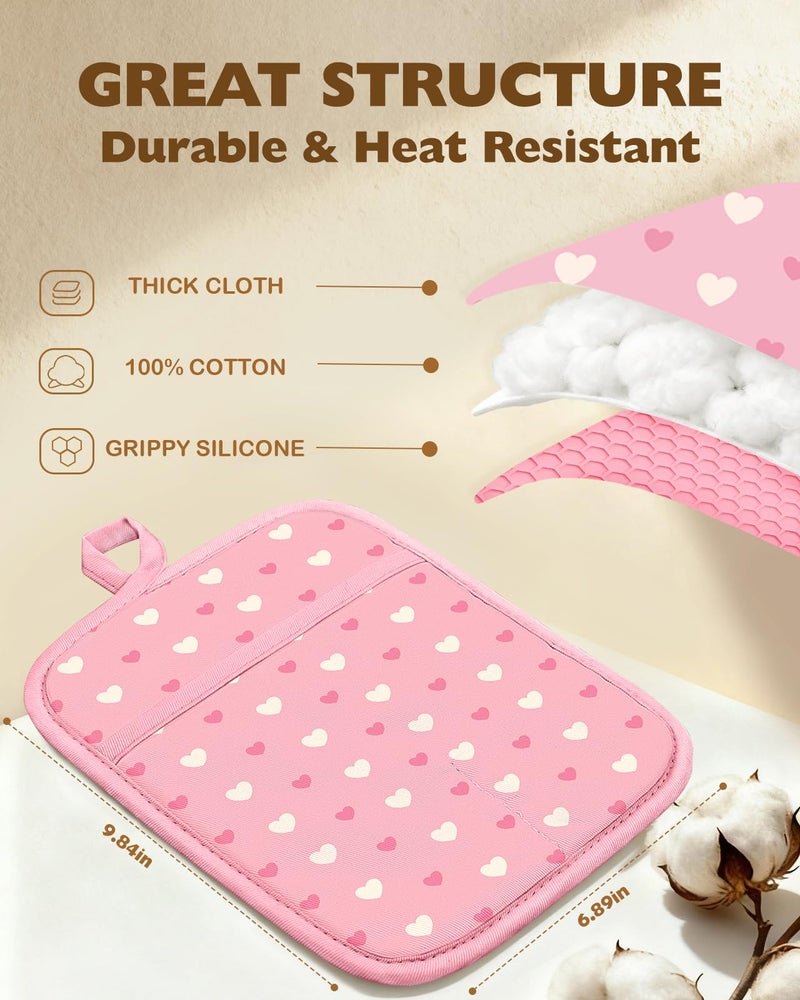 Slohif Silcone Heart Pot Holders for Kitchen - 100% Cotton Pink Cute Oven Potholders with Pockets, Heat Resistant Square Thick Hot Pads, House New Home Baking Baker Gifts,2pack - Image 2