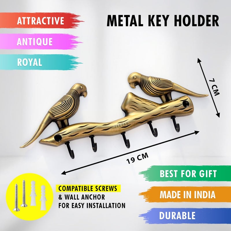 Zeetab Two Love Bird Key Holder with 5 Hooks Parrots Brass Key Stand Wall Mount Hanger Home Decor Housewarming Gift 21x7cm Antique - Image 2