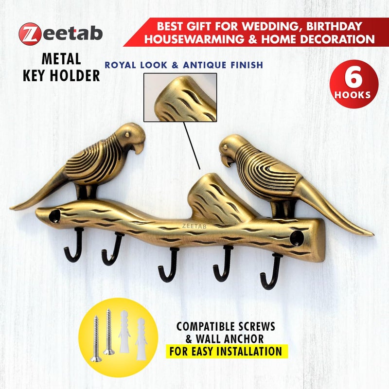 Zeetab Two Love Bird Key Holder with 5 Hooks Parrots Brass Key Stand Wall Mount Hanger Home Decor Housewarming Gift 21x7cm Antique - Image 3