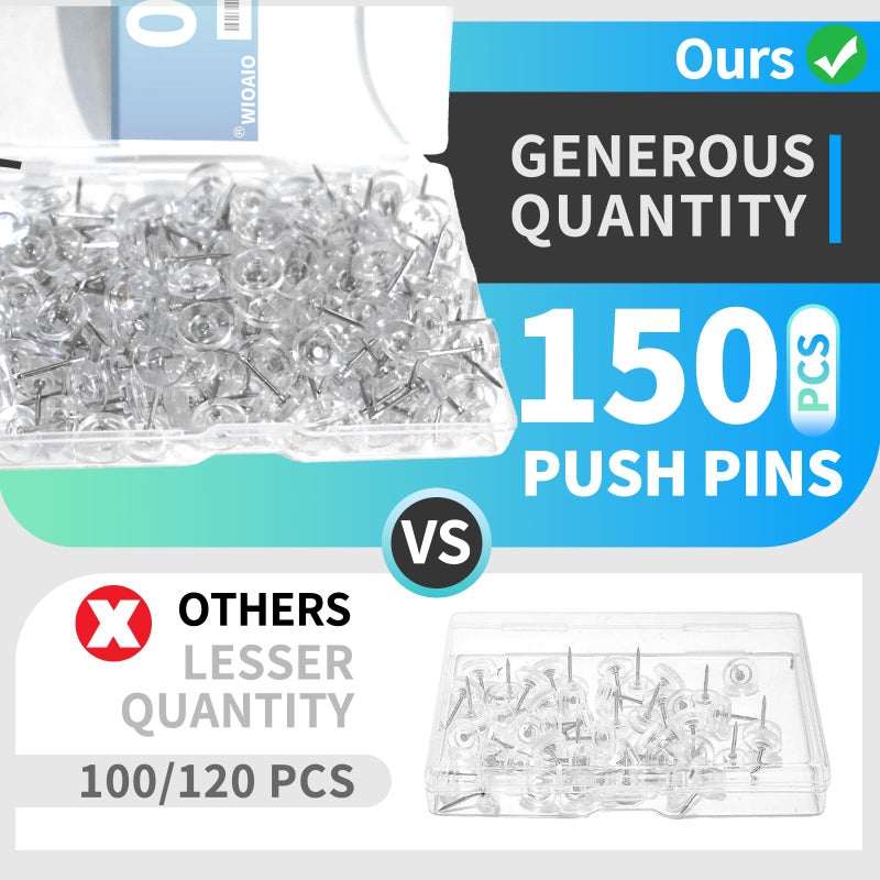 OIAOIW 150 PCS Clear Push Pins Tacks Count in Reusable Box for Bulletin Boards and Wall Displays Heavy Duty Plastic Head - Image 3