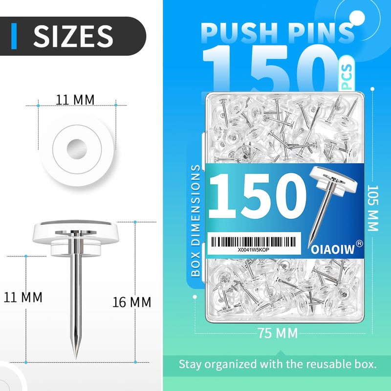 OIAOIW 150 PCS Clear Push Pins Tacks Count in Reusable Box for Bulletin Boards and Wall Displays Heavy Duty Plastic Head - Image 5