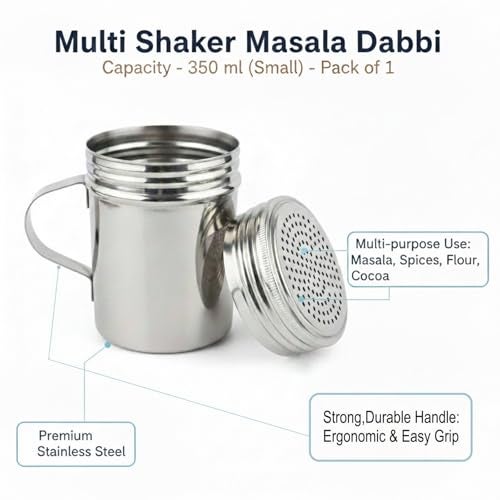 FINALITY Stainless Steel Dredger with Handle|Salt & Pepper Shaker with Handle |Powder Shaker with Handle,Capacity-350ml, Pack of (1) - Image 5