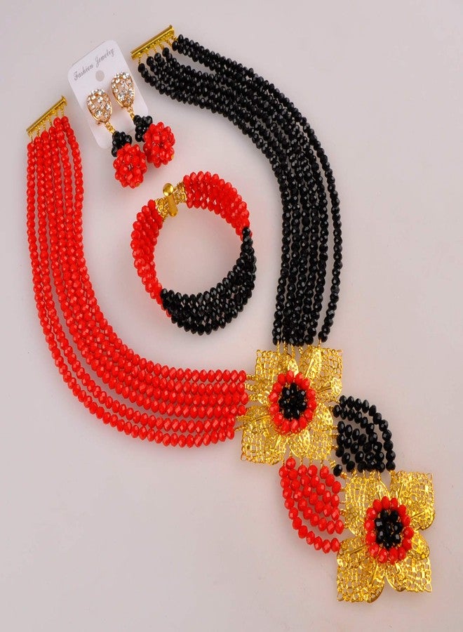 أكزوف طقم مجوهرات زفاف من الخرز الأفريقي والنيجيري للنساء من aczuv (أحمر وأسود معتم) - Image 5