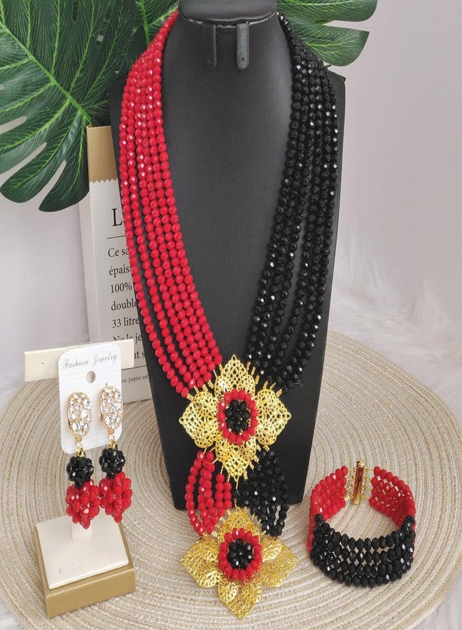 أكزوف طقم مجوهرات زفاف من الخرز الأفريقي والنيجيري للنساء من aczuv (أحمر وأسود معتم) - Image 2