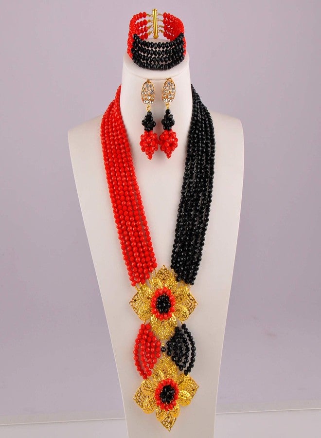 أكزوف طقم مجوهرات زفاف من الخرز الأفريقي والنيجيري للنساء من aczuv (أحمر وأسود معتم) - Image 4
