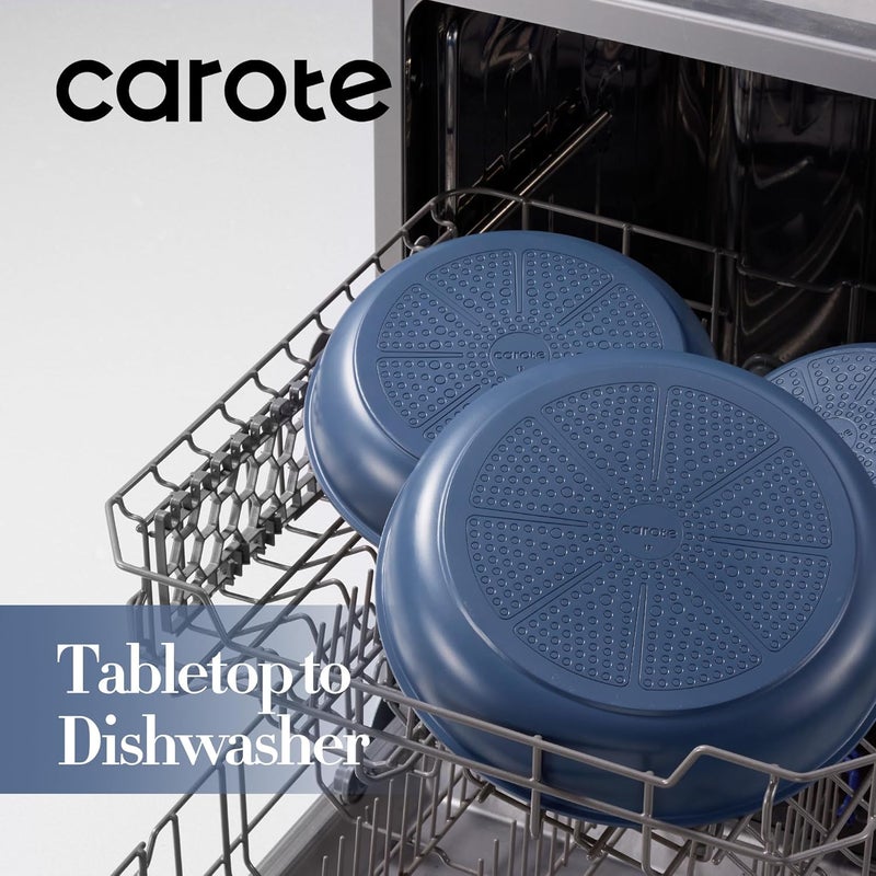 CAROTE 4 قطع مقالي غير لاصقة، 8" + 10" + 12" مقلاة، مقلاة بيض، مقالي أومليت مع مقبض قابل للفصل، أدوات طهي غير لاصقة، خالية من PFOA، متوافقة مع الحث، آمنة للاستخدام في الفرن، آمنة في غسالة الصحون، زرقاء - Image 3