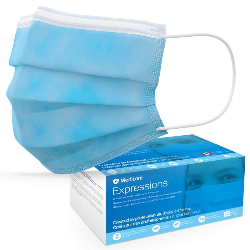 Medicom Expressions Disposable Face Masks - Box of 50 ASTM Level 3 Surgical Face Masks - 3 Layer Medical Masks Made in Canada - Blue Adult Masks Disposable - Image 1