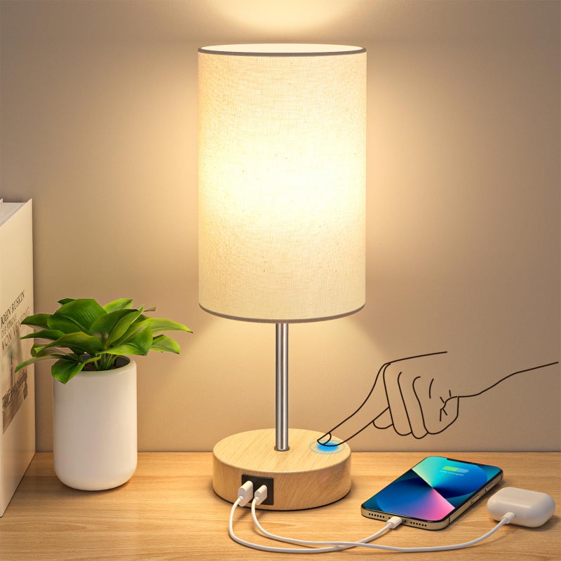 AKASUKI Table Lamp for Bedroom 3 Way Dimmable Touch Lamp with Dual Charging Station Small Bedside Lamps for Night Stands Living Room OfficeLED Bulb Included