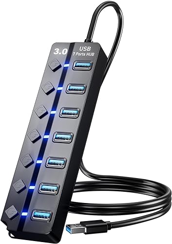 Eanetf USB 3.0 Hub, 7-Port with Individual On/Off Switches & LED Indicators, 5Gbps High-Speed Data Hub for Laptop, PC, MacBook, Surface Pro, PS5, HDD, Flash Drive (4ft Cable) - Image 1