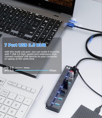 Eanetf USB 3.0 Hub, 7-Port with Individual On/Off Switches & LED Indicators, 5Gbps High-Speed Data Hub for Laptop, PC, MacBook, Surface Pro, PS5, HDD, Flash Drive (4ft Cable) - Image 4