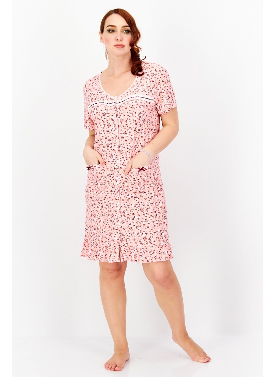Miss Lillian Women Floral Print Short Sleeve Sleepwear Dress, Pink Comb  - Image 1