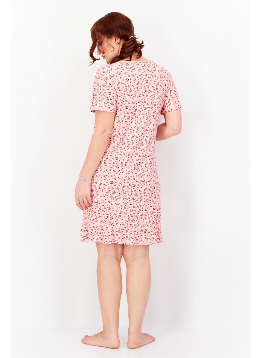 Miss Lillian Women Floral Print Short Sleeve Sleepwear Dress, Pink Comb  - Image 4