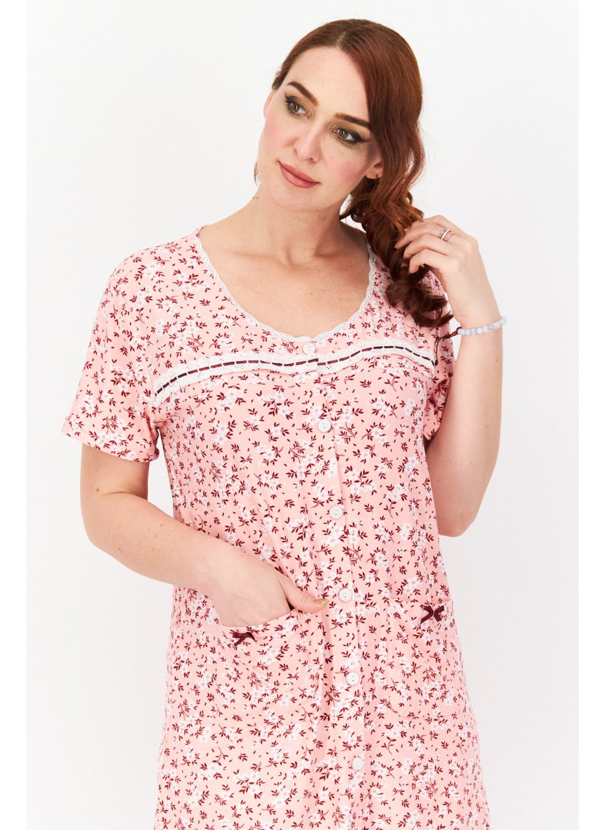 Miss Lillian Women Floral Print Short Sleeve Sleepwear Dress, Pink Comb  - Image 3