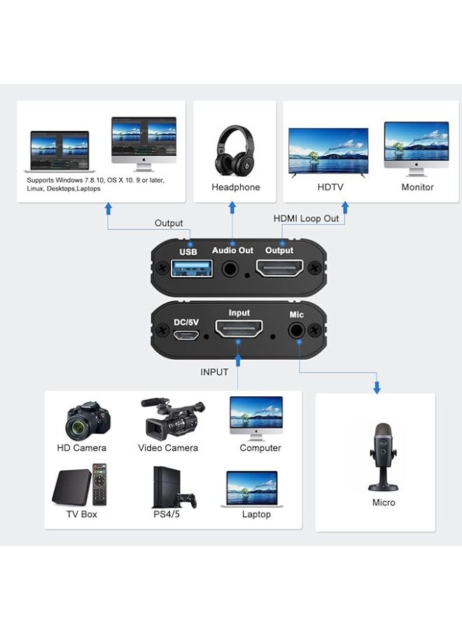HDMI 4K HDMI Video Capture Card 1080P Game USB Recorder to with Loop Output for Live Streaming Recording - Image 2