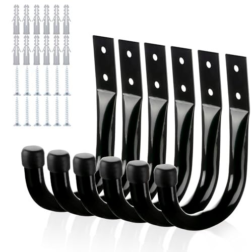 KURUI Metal Wall Hooks for Hanging Heavy Duty, 6Pcs Garage Organization and Storage Hook for Extension Cord Tool Coat Backpack Bag, Large Utility J Hooks, Black Wall Mount Hanges for Outdoor Indoor - Image 1