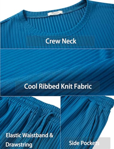 EISHOPEER Matching Pajamas for Couples 2 Piece Lounge Set Ribbed Knit Pajama Matching Tops and Shorts Peacock Blue XX-Large - Image 5