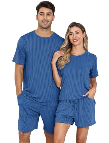 EISHOPEER Matching Pajamas for Couples 2 Piece Lounge Set Ribbed Knit Pajama Matching Tops and Shorts Peacock Blue XX-Large - Image 1