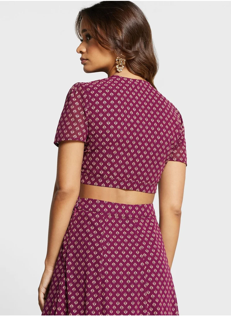 indya Foil Print Knot Detail Crop Top