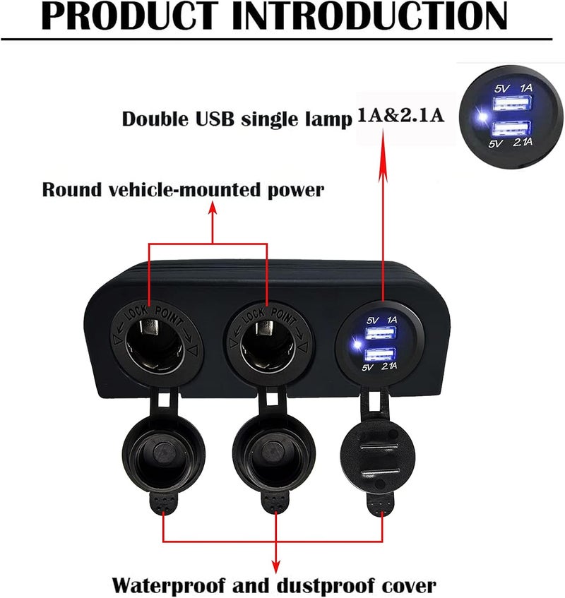 jamgoer 3 in 1 Tent Type Multi-Functions Outlet Panel with Dual USB Car Charger Ports + Two Power Adaptor Socket Combination 12V 24V for Marine Boat RV Truck - Image 3