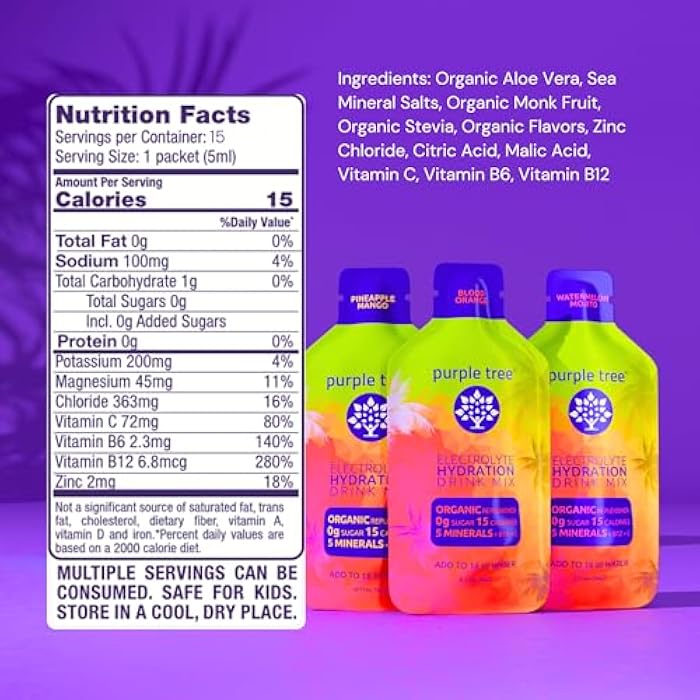purple tree Organic Electrolyte Hydration Packets, Zero Sugar, Sea Salts, Daily IV Hydrate Packs for Rapid Rehydration Relief - Water Drink Mix, Variety Pack, 15 Units - Image 2