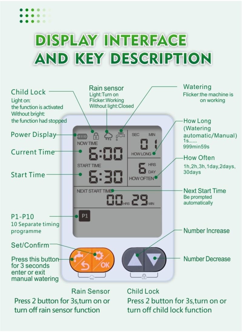 Automatic Watering Garden Timer Sprinkler Timer, Water Timer for Garden Hose, Programmable Water Timer with Rain Delay Manual Child Lock, Outdoor Irrigation Timer Controller for Lawn Yard