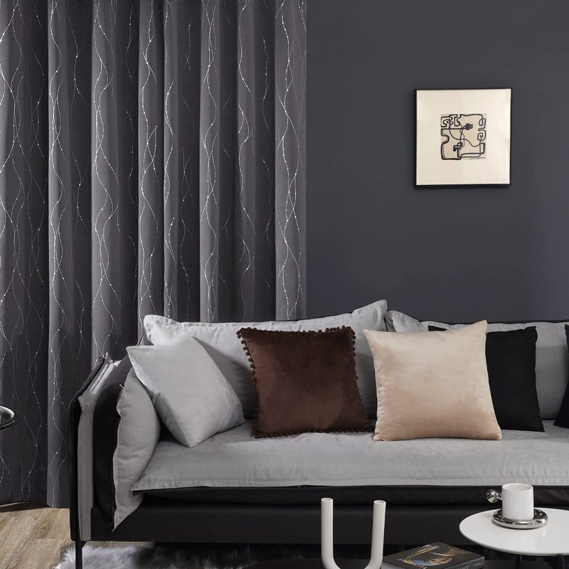 Deconovo Blackout Curtains, Dark Grey Thermal Grommet Drapes, Silver Wave Dots Foil Print, Room Darkening Drapes, 38" W x 45" L, 2 Panels, for Bedroom Living Room Laundry Room - Image 4