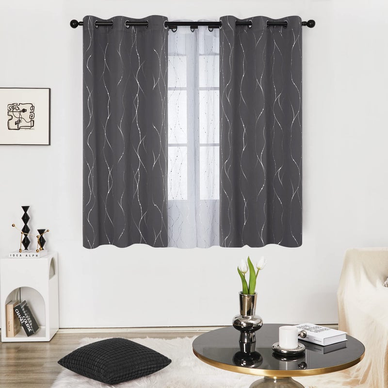 Deconovo Blackout Curtains, Dark Grey Thermal Grommet Drapes, Silver Wave Dots Foil Print, Room Darkening Drapes, 38" W x 45" L, 2 Panels, for Bedroom Living Room Laundry Room - Image 2