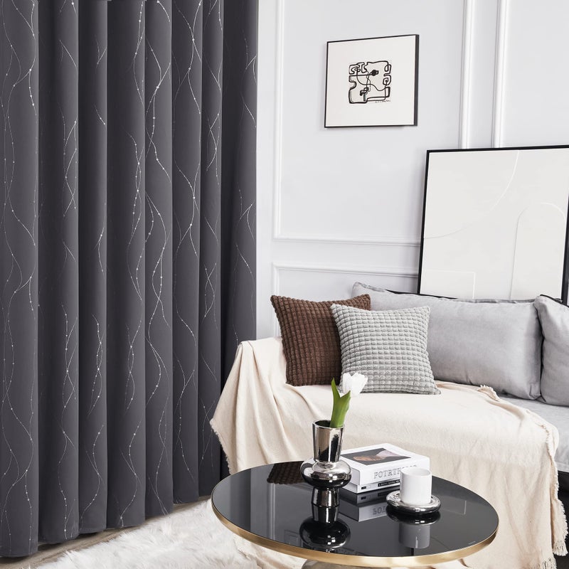 Deconovo Blackout Curtains, Dark Grey Thermal Grommet Drapes, Silver Wave Dots Foil Print, Room Darkening Drapes, 38" W x 45" L, 2 Panels, for Bedroom Living Room Laundry Room - Image 5