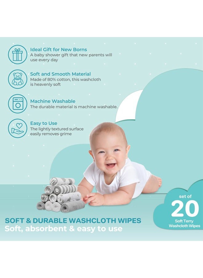 Spasilk Washcloth Wipes Set for Newborn Boys and Girls, Soft Terry Washcloth Set, Pack of 20, Gray Celestial - Image 5