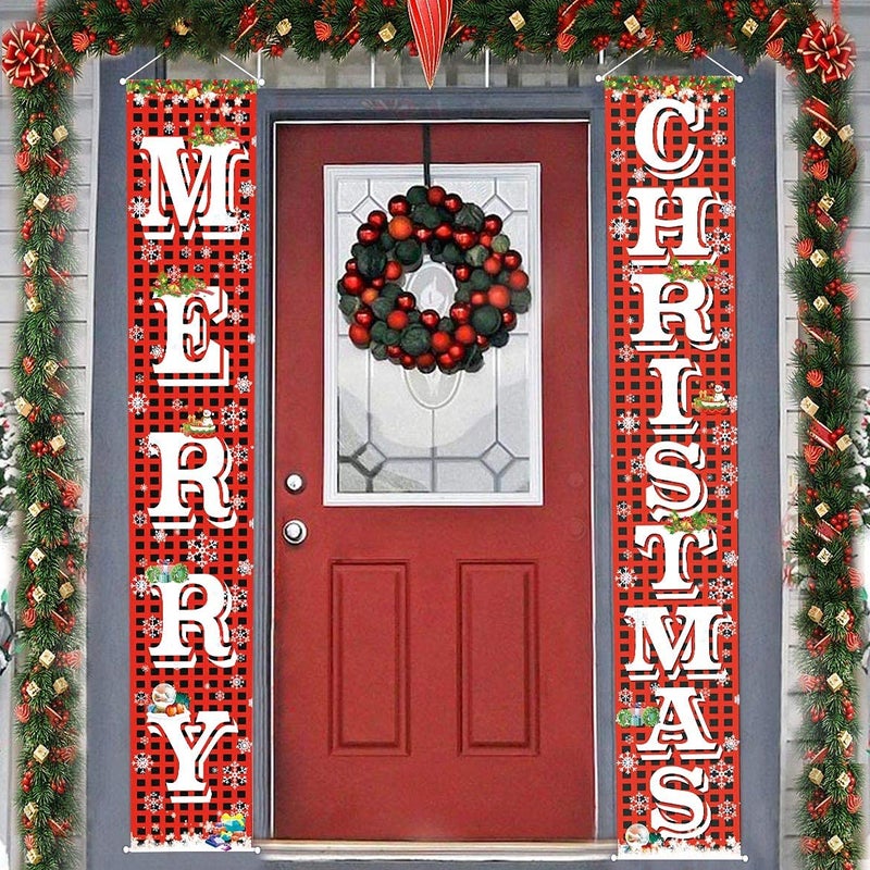 FECEDY Merry Christmas Hanging Banner Porch Sign with Pattern Christmas Tree Presents Snow Banner for Home Yard Indoor Outdoor Wall Door Christmas Party Decorations 72x12