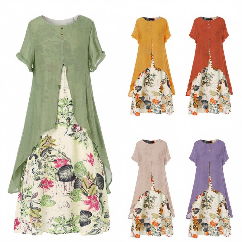 Cotton Linen Printed Round Neck Layered Short Sleeve Swing Dress