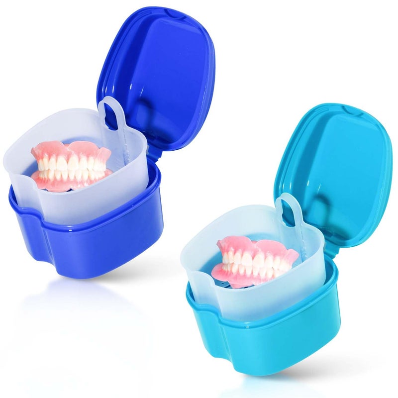 KISEER 2 Pack Colors Denture Bath Case Cup Box Holder Storage Soak Container with Strainer Basket for Travel Cleaning (Light Blue and Blue) - Image 1