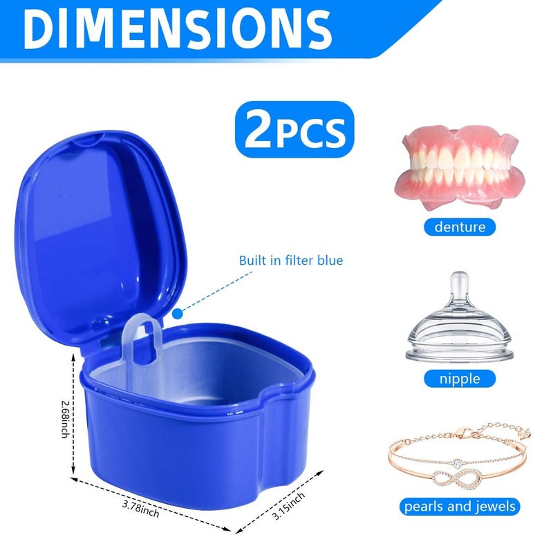 KISEER 2 Pack Colors Denture Bath Case Cup Box Holder Storage Soak Container with Strainer Basket for Travel Cleaning (Light Blue and Blue) - Image 2