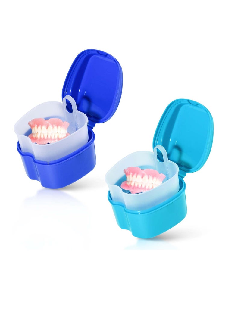 KISEER 2 Pack Colors Denture Bath Case Cup Box Holder Storage Soak Container with Strainer Basket for Travel Cleaning (Light Blue and Blue)  - Image 1