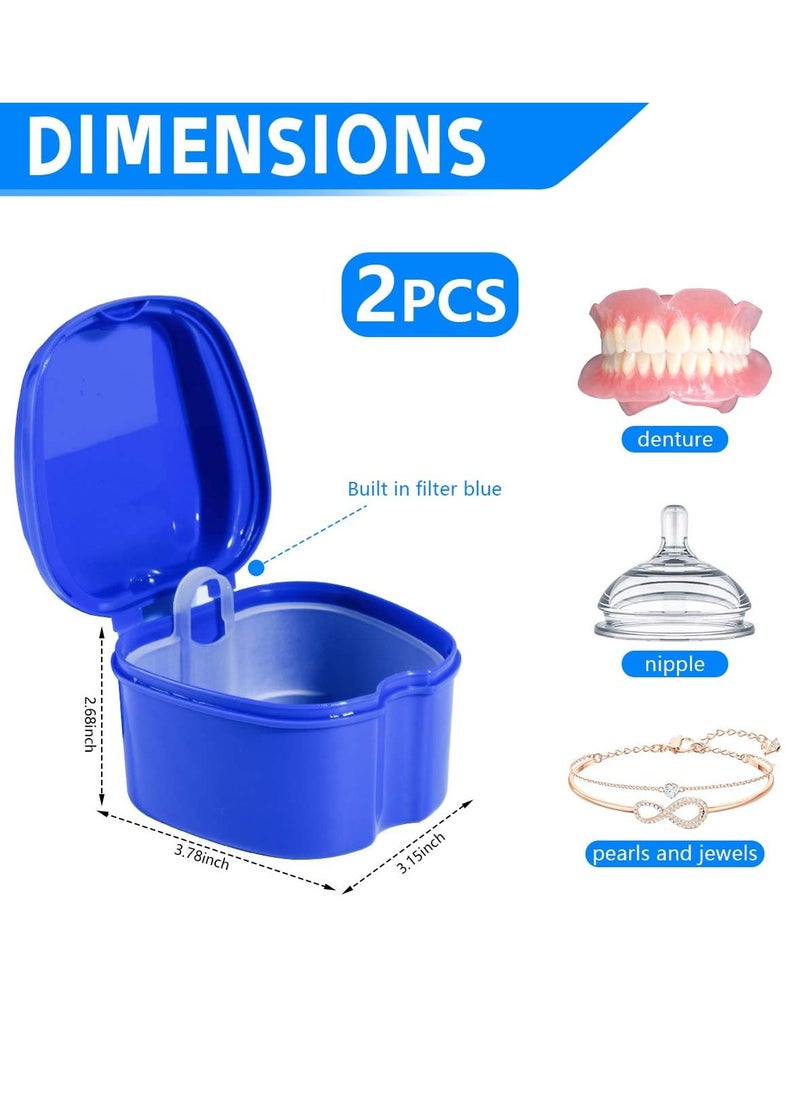 KISEER 2 Pack Colors Denture Bath Case Cup Box Holder Storage Soak Container with Strainer Basket for Travel Cleaning (Light Blue and Blue)  - Image 2