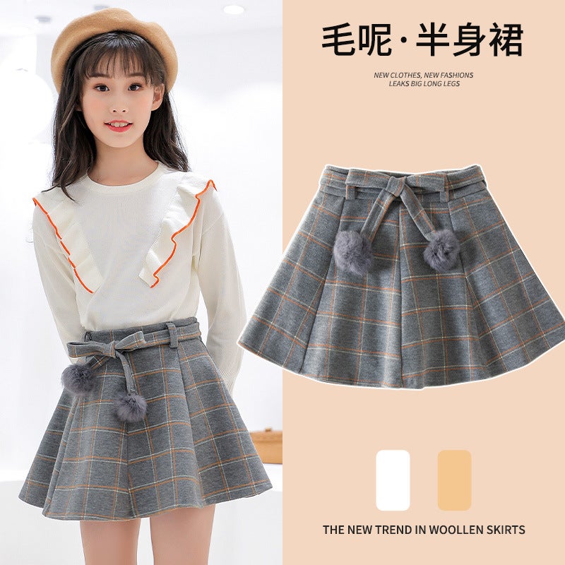 Girls Skirt Fleece-Lined Pleated Skirt Girls Big Kids Western Style Autumn Dress Paid Skirt Children'S College Style A - Image 1