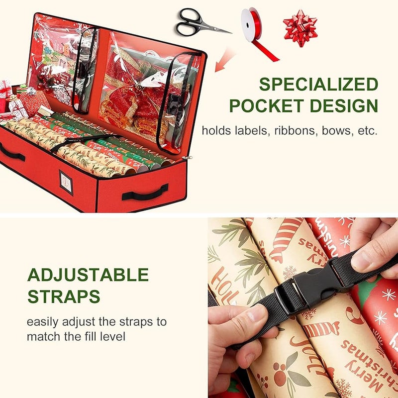 HikooLSS Wrapping Paper Organizer Storage Container 600D Heavy Duty Tear Proof for Holiday  Gift Wrapping Storage with Flexible Partitions Storage Container for Ribbon, Accessories (Red) - Image 2